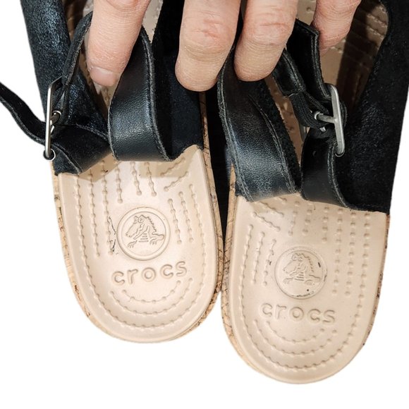 Crocs A-Leigh Black Leather Slingback Strap Wedge Cork Heels Casual Sandals 9W - Picture 7 of 9